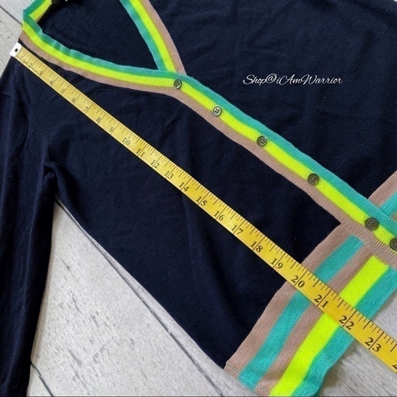 J.Crew NWT navy lightweight v-neck cardigan with neon striped trim - Picture 8 of 11
